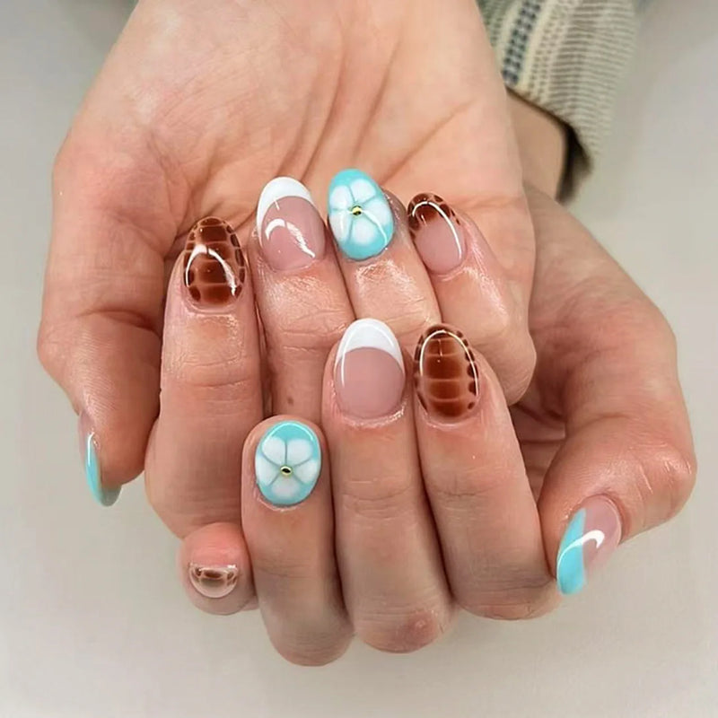 Pink Flowers French Rhinestone Nail Art Chic False Nails Detachable Finished Fake Nails Press on Nails