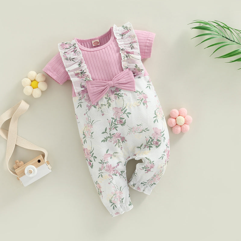 Baby Girls Casual Jumpsuit Bowknot Round Neck Short Sleeve Ribbed Patchwork Jacquard Floral Long Romper Clothes