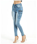 Women Jeans Slim Pants Multi Bag Women Slim Pants Women Trousers Blue