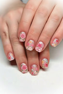 24pcs Shiny Short Fake Nails Art Spring Summer Rose Flower Design Press on False Nails Tips Pink Ballet Reusable Stick on Nail