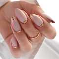 Simple Stick on Nails Colorful Lines with Golden Steel Beads Fake Nails for Women Wearable Almond False Nails Tools