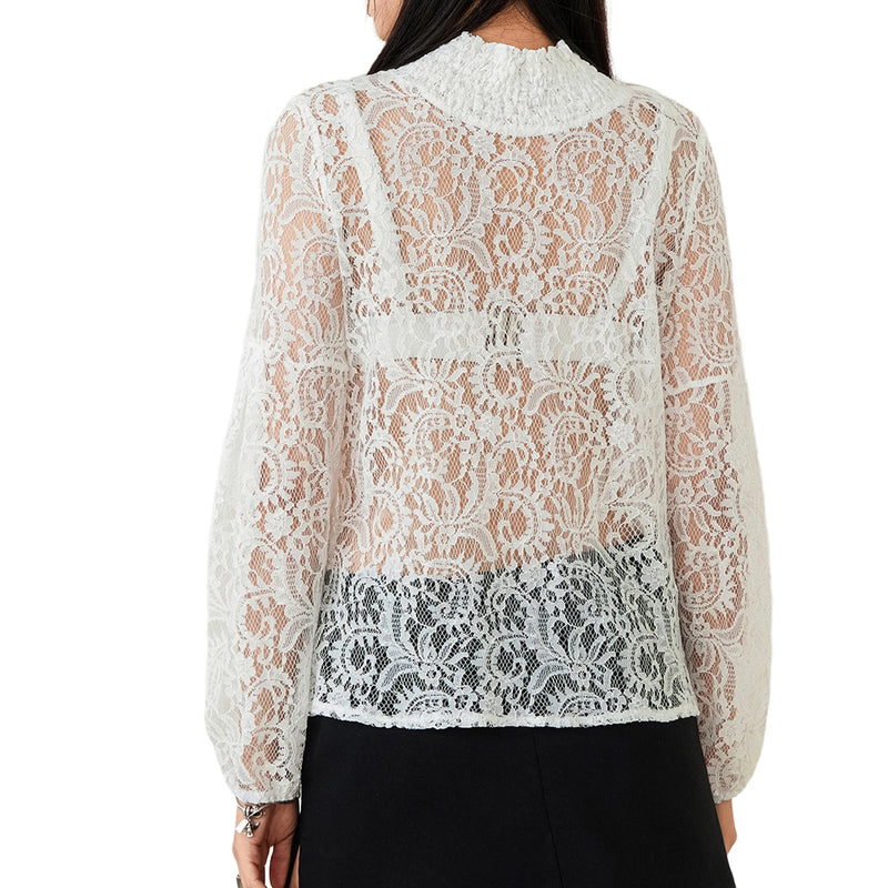 Women Sheer Long Sleeve Top High Neck See Through Floral Lace T Shirt Blouse Going out Top Streetwear