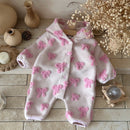 Baby Girl Bow Knit Romper Pink Raised Bow Long Sleeve Jumpsuit Newborn Infant One Piece Outfit Spring Autumn