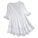 Women Top Solid Thin Casual Lace Hollow Out V Neck Summer Blouse