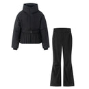 Women's Elegant Hooded Zip Beige Skiing Padded Snowboard Sports Parkas Coats Lady Thick Warm Pants Trousers 2PCS Sets Suits