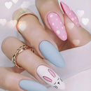Nails with bunny design and pastel colors on a white background, Obroi