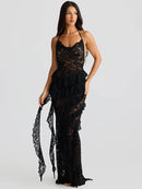 Lace Backless Dress Women Gown Halter Lace-up Bodycon Elegant Ruffle Dress