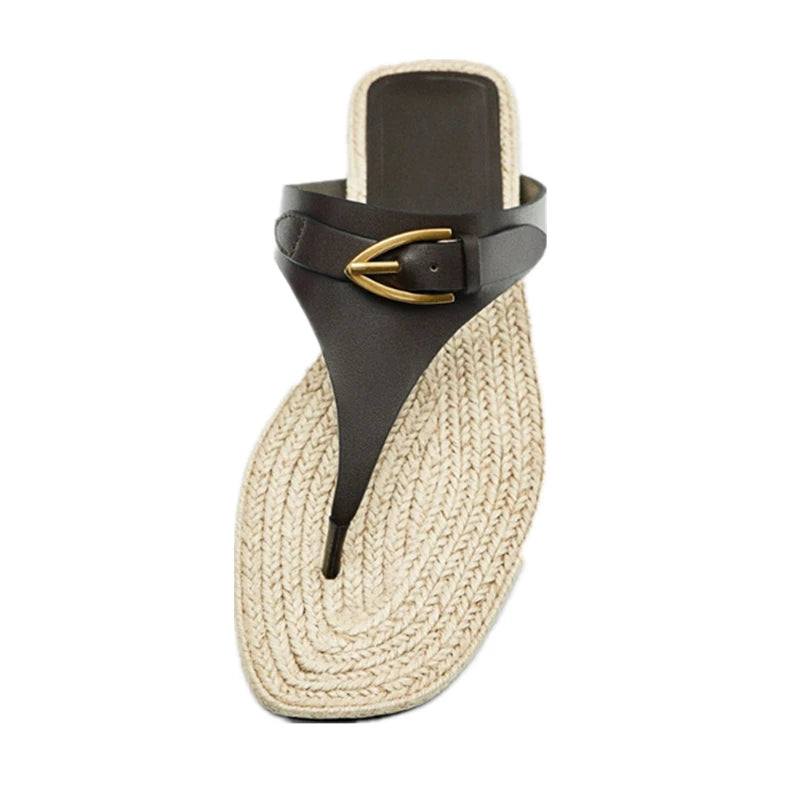Splicing Clip On Slippers Retro Leather Flat Shoes Summer Slippers Sandals Women Grass Woven