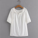 Blouses Women Summer Lace-Up Boat Neck Solid Tees Short Sleeve Tops Oversized Curve Clothes