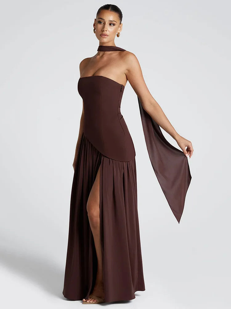 Strapless Off-shoulder Dress For Women Gown Scarf Collar Thigh High Split
