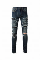Men Black Leather Patches Denim Jeans Streetwear Pants Holes Ripped Dark Blue Stretch Trousers