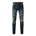 Men Black Leather Patches Denim Jeans Streetwear Pants Holes Ripped Dark Blue Stretch Trousers