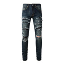 Men Black Leather Patches Denim Jeans Streetwear Pants Holes Ripped Dark Blue Stretch Trousers