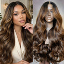 Side-by-side comparison of a woman with long wavy hair and a wig on a mannequin head, Obroi