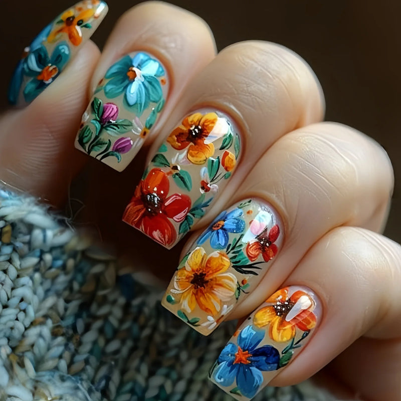 24pc Flower Pattern Design Fake Nails Rectangular False Nails Full Cover Press on Acrylic Nails Unique Nail Tips with Jelly Glue
