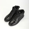 Black high-top sneakers with crocodile texture on a white background, Obroi