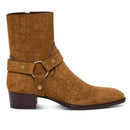 Brown crocodile-patterned boot with straps on a white background, Obroi