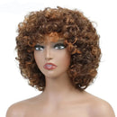 Mannequin head with a brown curly wig labeled 'Obroi' on a white background