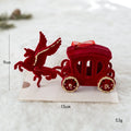 Red velvet carriage with a horse, featuring measurements and weight on a white background, Obroi