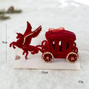 Red velvet carriage with a horse, featuring measurements and weight on a white background, Obroi