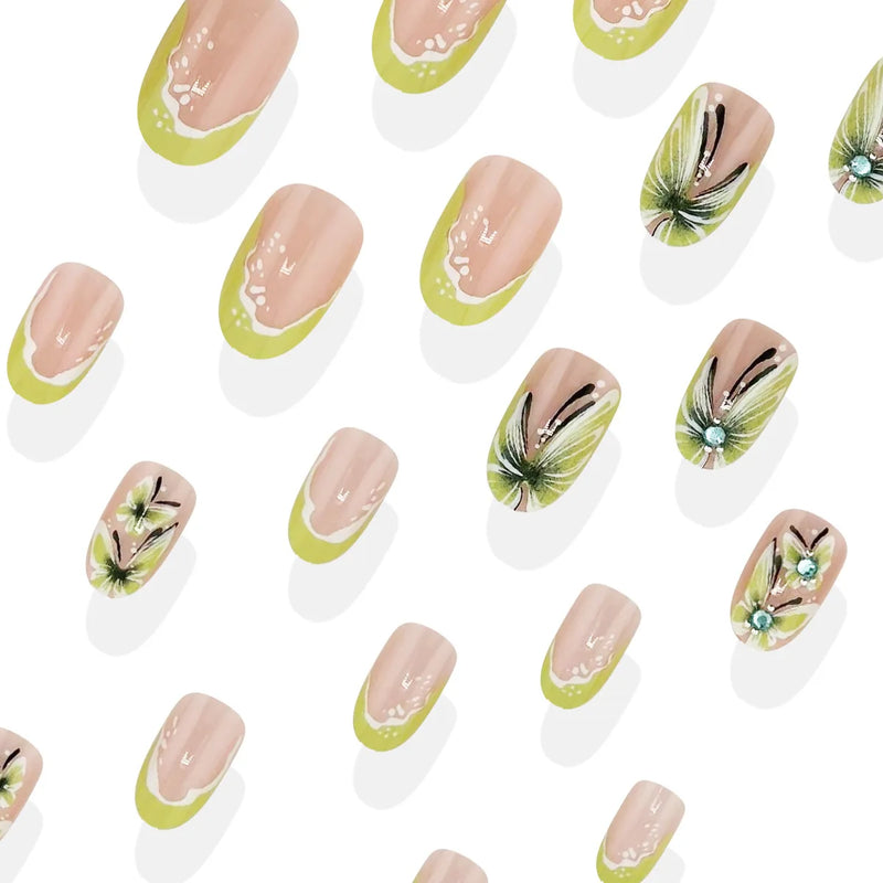 Nails with Butterfly Rhinestone Designs Almond Nails Press On Nails Simple Retro False Nails Wearable