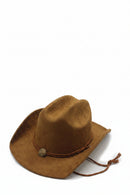 Brown suede cowboy hat with a decorative band on a white background, Obroi