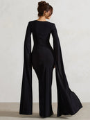 Long Cape Sleeve Split Maxi Dress For Women Gown Square Collar Evening Long Dress Elegant