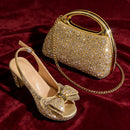 Women’s Italian Gold High Heels with Rhinestone Detail & Matching Bag Set