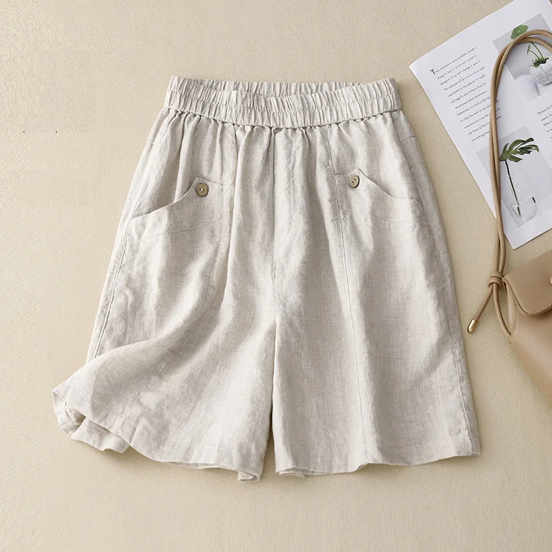 Linen Shorts Pants Casual Button Up High Waist Wide Leg Pants Clothing