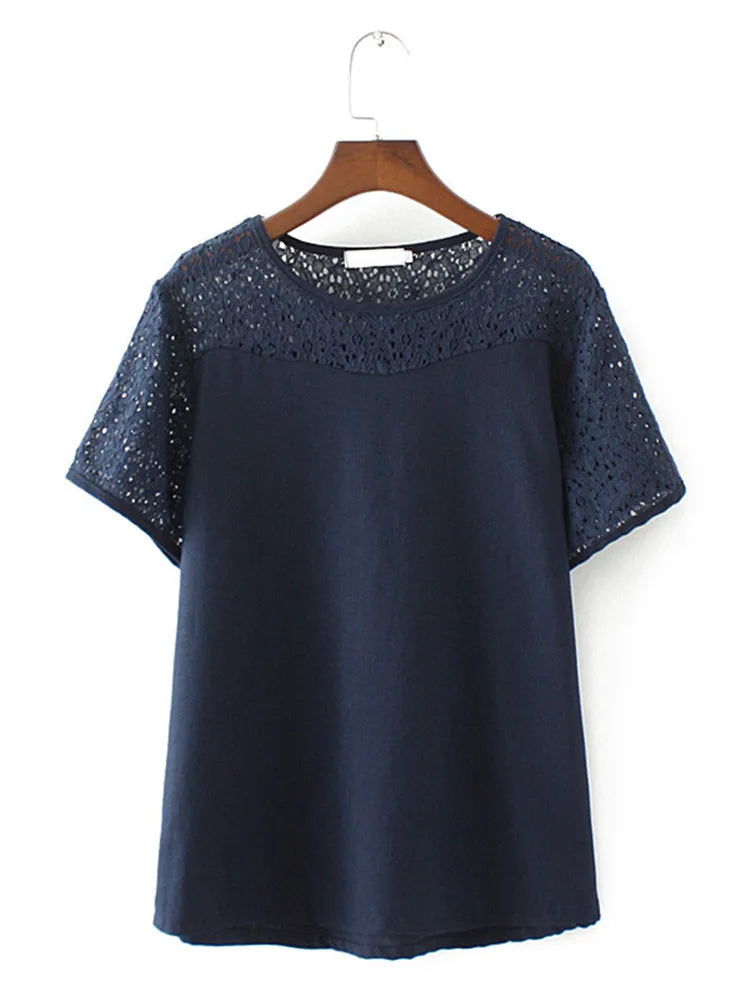 Clothes For Summer T-Shirt Lace Cutout Fabric Stitching With Natural Cotton And Linen Fabric