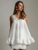 White Cotton Women's Blouse Summer Blouses Elegant Ruffled Loose Open Back Blouses
