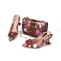 Gold Color Design Italian Women Shoes and Bag Set Quality Flower Comfortable Heels with Crystal