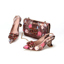 Gold Color Design Italian Women Shoes and Bag Set Quality Flower Comfortable Heels with Crystal