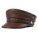 Brown leather cap on a white background with text in the corner, Obroi