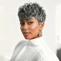 Silver Grey Pixie Cut Wig Glueless Short Bob Human Hair Wigs with Bangs Kinky Curly Layered Wigs For Women