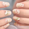 Nails with wavy line design in pink and green on a neutral background, Obroi