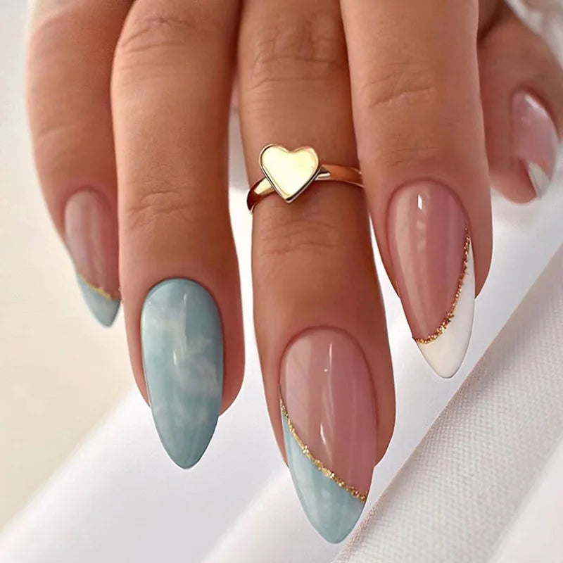 24pcs Light Green Stripe Gradient Wearing Nails Seamless Removable Press On Nails With Designs
