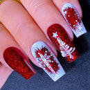 Medium long nails for Chirstmas Square almond tips christmas tree snowflake gift snowman press on nail