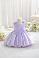 Lavender Purple Satin Kid Dress One Shoulder Pleated Waist Bubble Skirt Toddler Wedding Flower Girl Gown