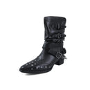 Autumn Belt buckle Knee high boots Pointed toe rivet pull-on heels Pleated Motorcycle boots