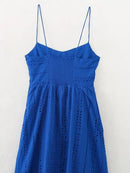 Women Hollow Out Embroidery Blue Spaghetti Strap Dress Female Midi Summer Dresses