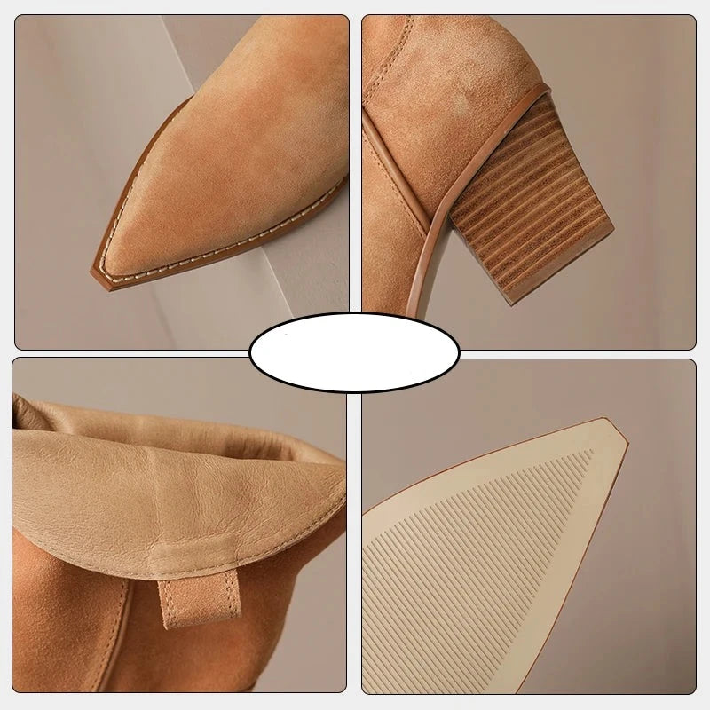 Women Western Boots For Suede Real Leather Thick High Heels Shoes Woman Winter Casual