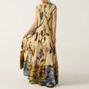 Vintage Pattern Print Long Pleated Dress Woman Spring Elegant O Neck A-Line Maxi Dresses Summer Short Sleeve Vacation Boho Dress