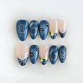 Set of handmade nails with blue and beige designs on a white background, Obroi