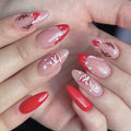 Nails with red and pink designs on a neutral background, Obroi