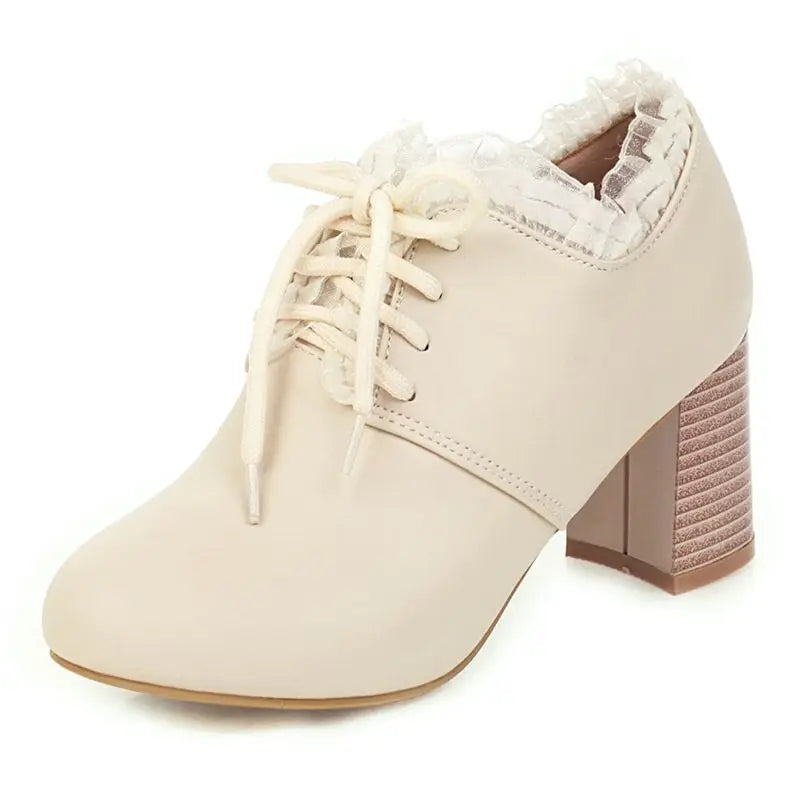 Female Pumps Round Toe Heels 7cm Lace Up Soft Women Shoes