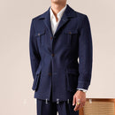 Navy blue jacket worn by a person on a beige background, Obroi