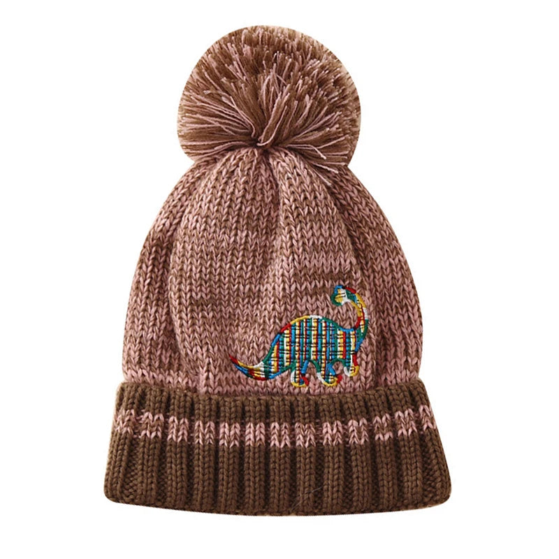 Autumn Kid Boys Knit Beanie Soft Lightweight Embroidery Cartoon Winter Cap Ball