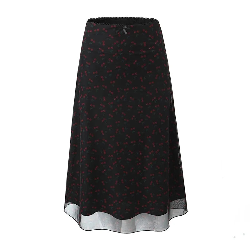 Vintage Mesh Skirts Women Elastic Low Waist Midi Summer Skirts