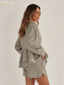 Linen Piece Sets Women Outfit Elegant Long Sleeve Shirt With High Waist Shorts Set Female
